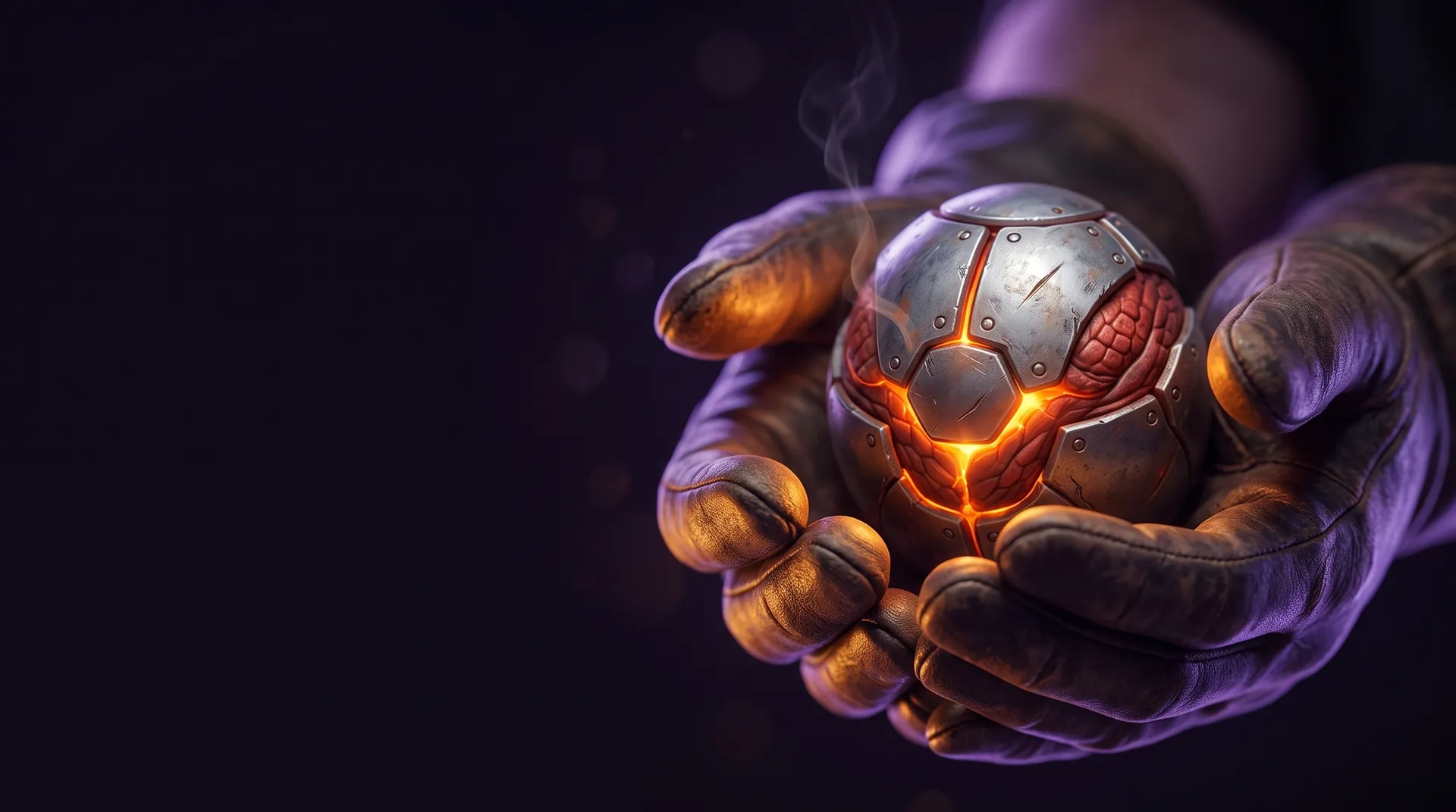 A keeper holding a glowing armored orb